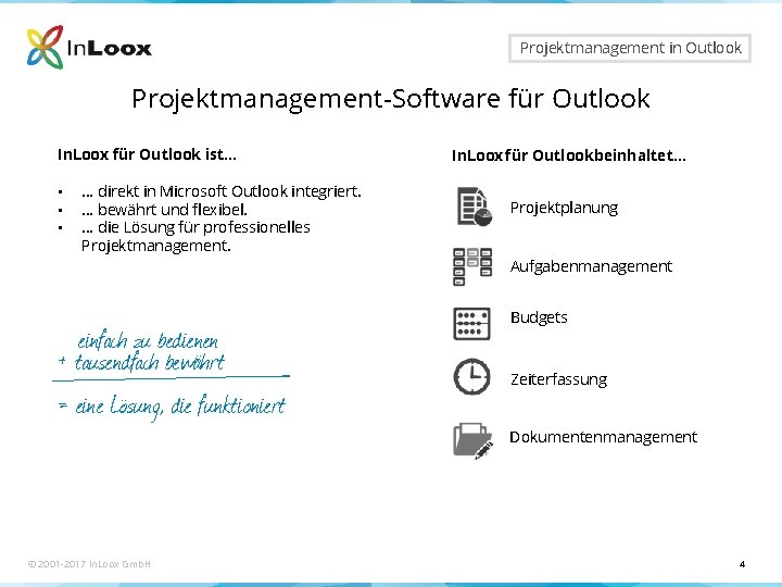 Seite 4 Projektmanagement in Outlook Projektmanagement-Software für Outlook In. Loox für Outlook ist… • Seite 4 Projektmanagement in Outlook Projektmanagement-Software für Outlook In. Loox für Outlook ist… •