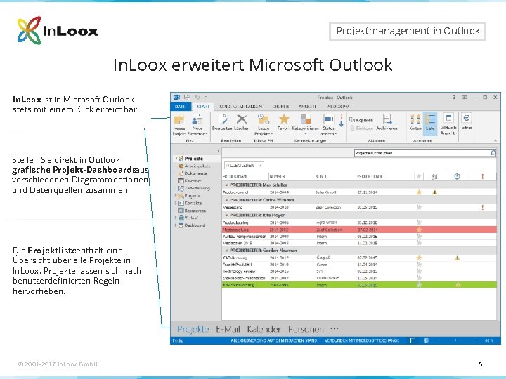 Seite 5 Projektmanagement in Outlook In. Loox erweitert Microsoft Outlook In. Loox ist in Seite 5 Projektmanagement in Outlook In. Loox erweitert Microsoft Outlook In. Loox ist in