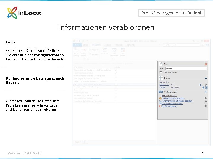 Seite 7 Projektmanagement in Outlook Informationen vorab ordnen Listen Erstellen Sie Checklisten für Ihre