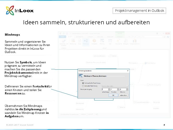 Seite 8 Projektmanagement in Outlook Ideen sammeln, strukturieren und aufbereiten Mindmaps Sammeln und organisieren Seite 8 Projektmanagement in Outlook Ideen sammeln, strukturieren und aufbereiten Mindmaps Sammeln und organisieren