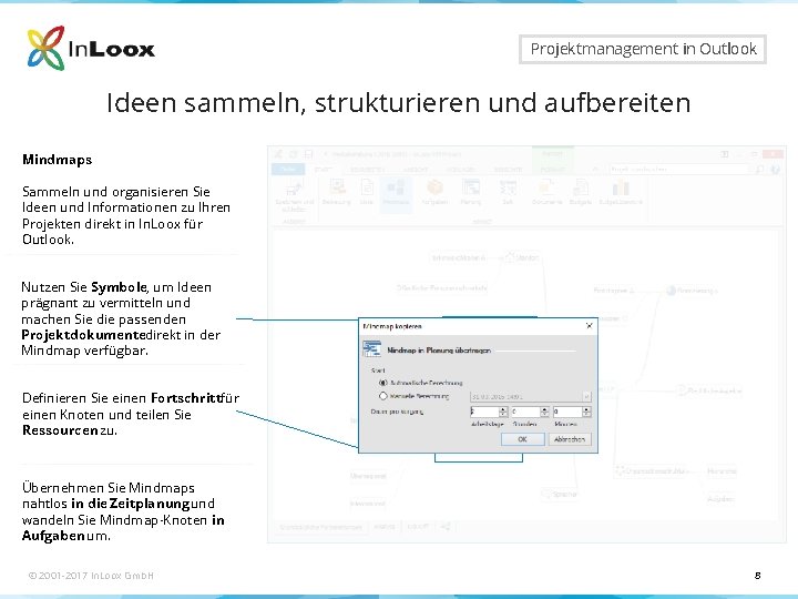 Seite 8 Projektmanagement in Outlook Ideen sammeln, strukturieren und aufbereiten Mindmaps Sammeln und organisieren