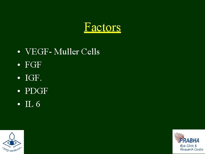 Factors • • • VEGF- Muller Cells FGF IGF. PDGF IL 6 