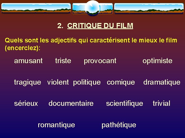 2. CRITIQUE DU FILM Quels sont les adjectifs qui caractérisent le mieux le film