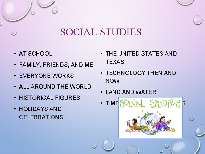 SOCIAL STUDIES • AT SCHOOL • FAMILY, FRIENDS, AND ME • EVERYONE WORKS •