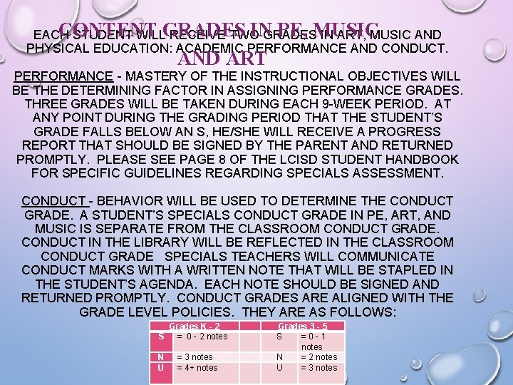 CONTENT GRADES IN PE, MUSIC EACH STUDENT WILL RECEIVE TWO GRADES IN ART, MUSIC