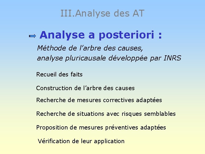 III. Analyse des AT Analyse a posteriori : Méthode de l’arbre des causes, analyse