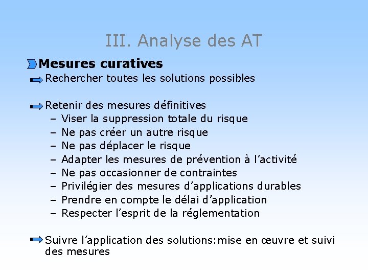 III. Analyse des AT Mesures curatives Recher toutes les solutions possibles Retenir des mesures