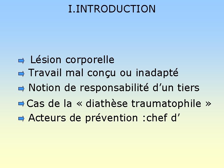 I. INTRODUCTION Lésion corporelle Travail mal conçu ou inadapté Notion de responsabilité d’un tiers