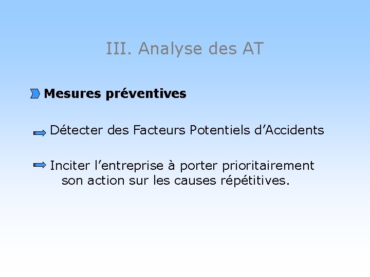 III. Analyse des AT Mesures préventives Détecter des Facteurs Potentiels d’Accidents Inciter l’entreprise à