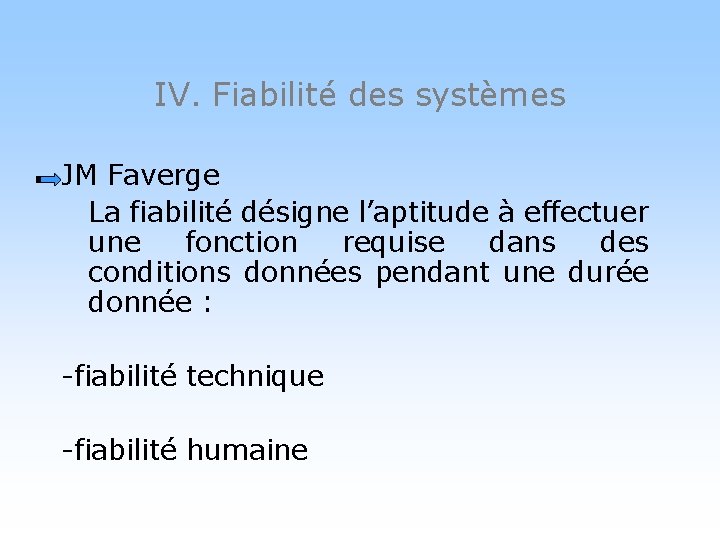 IV. Fiabilité des systèmes JM Faverge La fiabilité désigne l’aptitude à effectuer une fonction