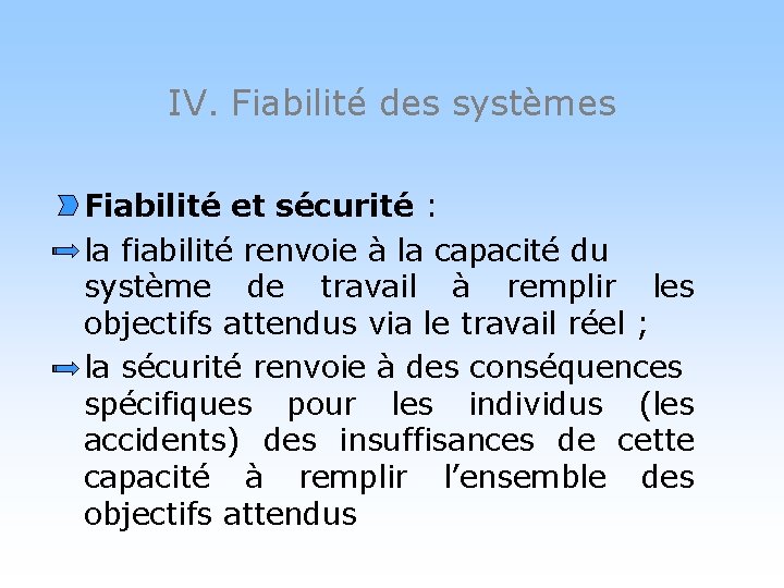 IV. Fiabilité des systèmes Fiabilité et sécurité : la fiabilité renvoie à la capacité