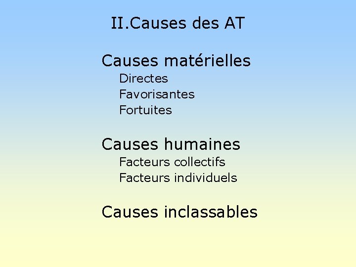 II. Causes des AT Causes matérielles Directes Favorisantes Fortuites Causes humaines Facteurs collectifs Facteurs