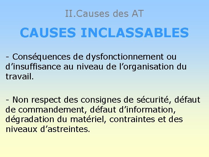 II. Causes des AT CAUSES INCLASSABLES - Conséquences de dysfonctionnement ou d’insuffisance au niveau