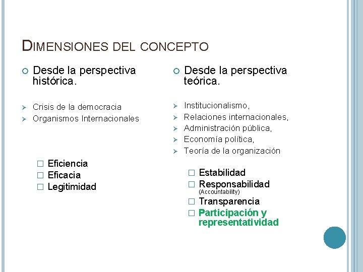 DIMENSIONES DEL CONCEPTO Desde la perspectiva histórica. Desde la perspectiva teórica. Ø Crisis de