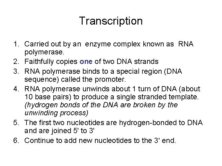 Transcription 1. Carried out by an enzyme complex known as RNA polymerase. 2. Faithfully