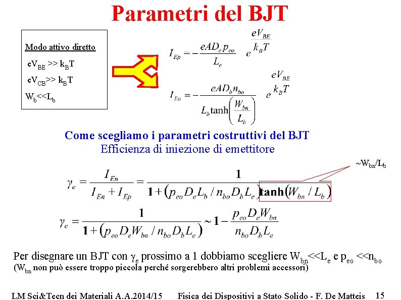 Parametri del BJT Modo attivo diretto e. VBE >> k. BT e. VCB>> k.