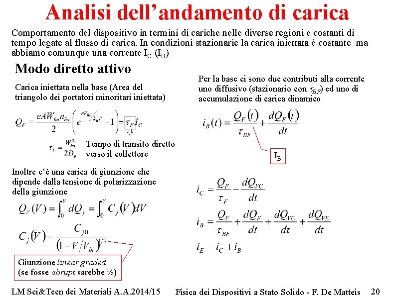 Analisi dell’andamento di carica Comportamento del dispositivo in termini di cariche nelle diverse regioni