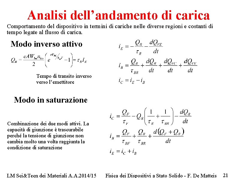 Analisi dell’andamento di carica Comportamento del dispositivo in termini di cariche nelle diverse regioni