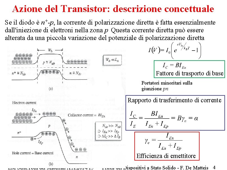 Azione del Transistor: descrizione concettuale Se il diodo è n+-p, la corrente di polarizzazione