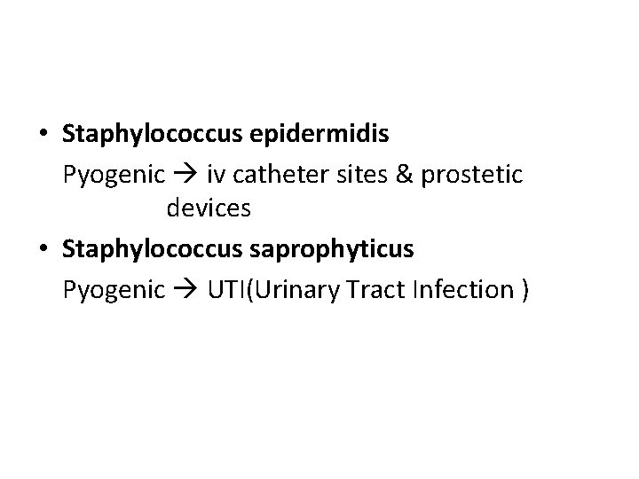  • Staphylococcus epidermidis Pyogenic iv catheter sites & prostetic devices • Staphylococcus saprophyticus