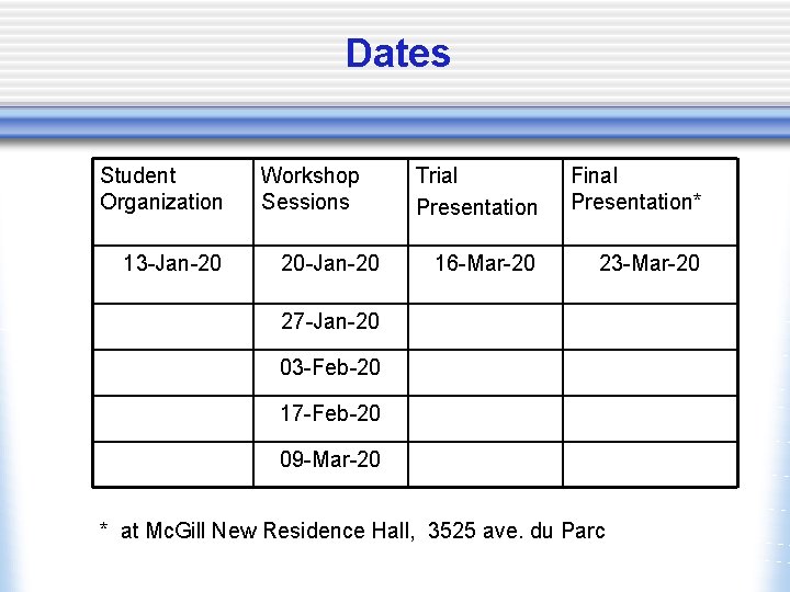 Dates Student Organization 13 -Jan-20 Workshop Sessions 20 -Jan-20 Trial Presentation Final Presentation* 16