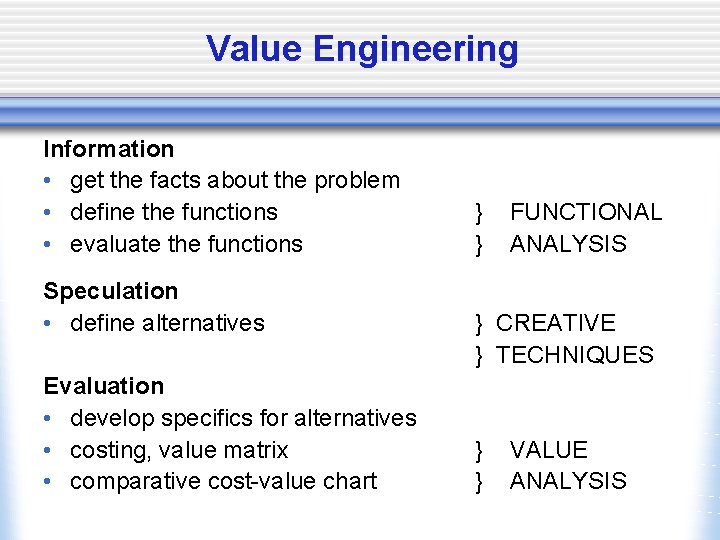 Value Engineering Information • get the facts about the problem • define the functions