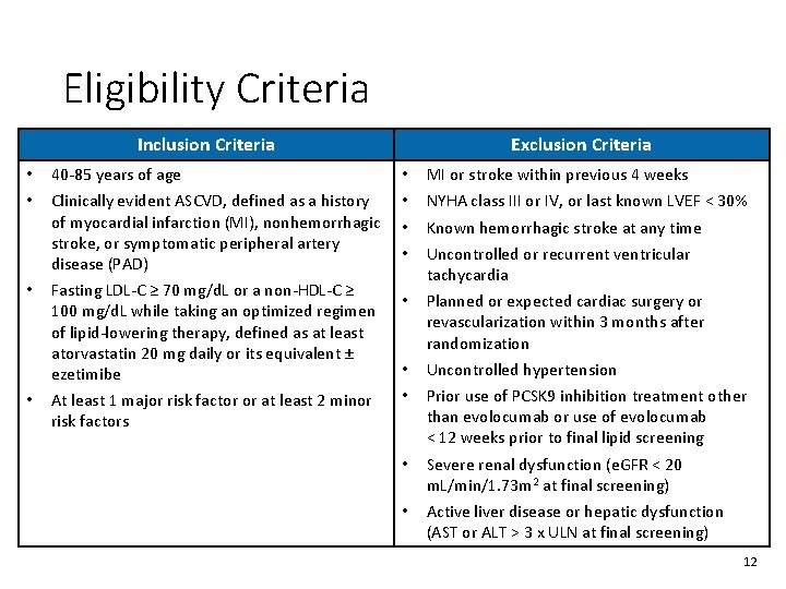 Eligibility Criteria Inclusion Criteria • • 40 -85 years of age Clinically evident ASCVD,