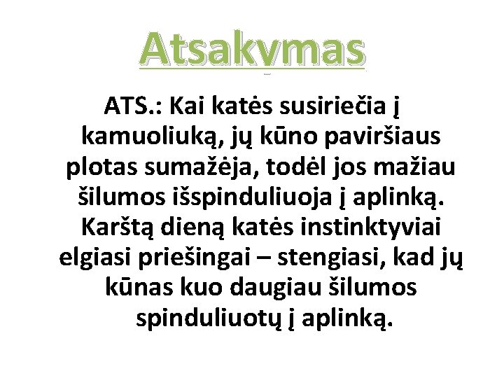 Atsakymas ATS. : Kai katės susiriečia į kamuoliuką, jų kūno paviršiaus plotas sumažėja, todėl