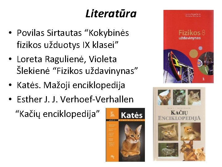 Literatūra • Povilas Sirtautas “Kokybinės fizikos užduotys IX klasei” • Loreta Ragulienė, Violeta Šlekienė