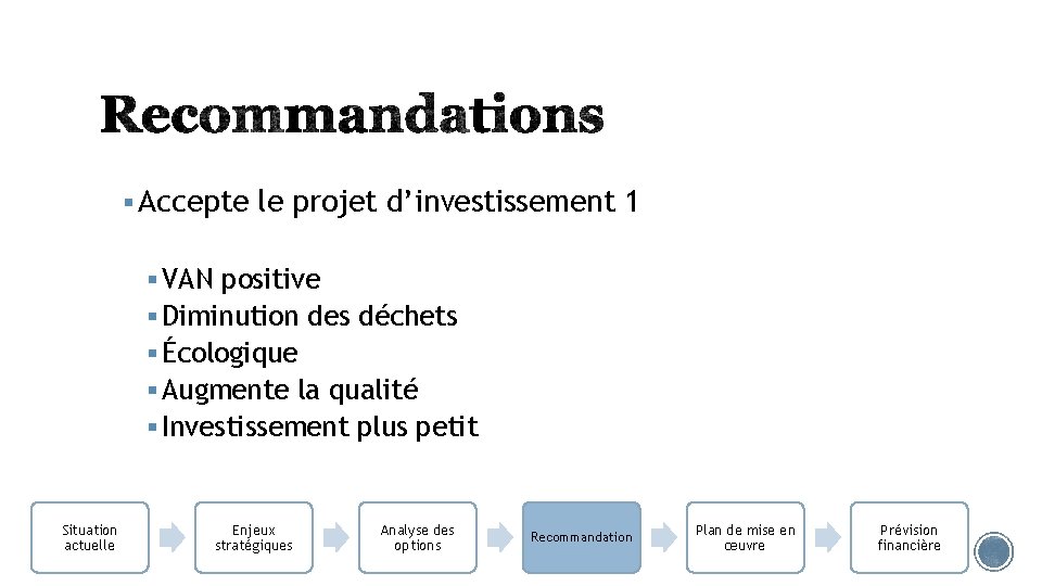 § Accepte le projet d’investissement 1 § VAN positive § Diminution des déchets §