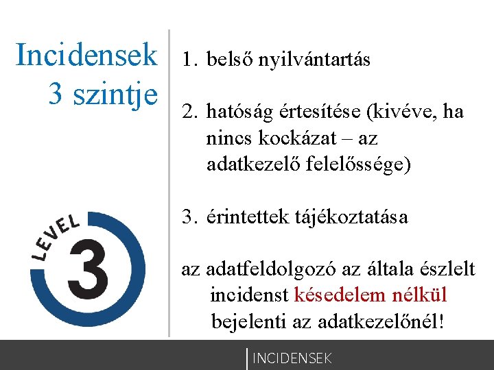 Incidensek 3 szintje 1. belső nyilvántartás 2. hatóság értesítése (kivéve, ha nincs kockázat –
