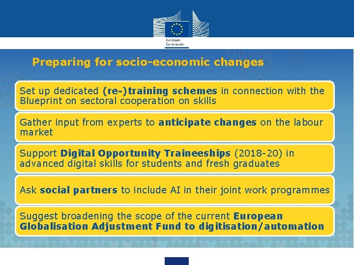 Preparing for socio-economic changes Set up dedicated (re-)training schemes in connection with the Blueprint