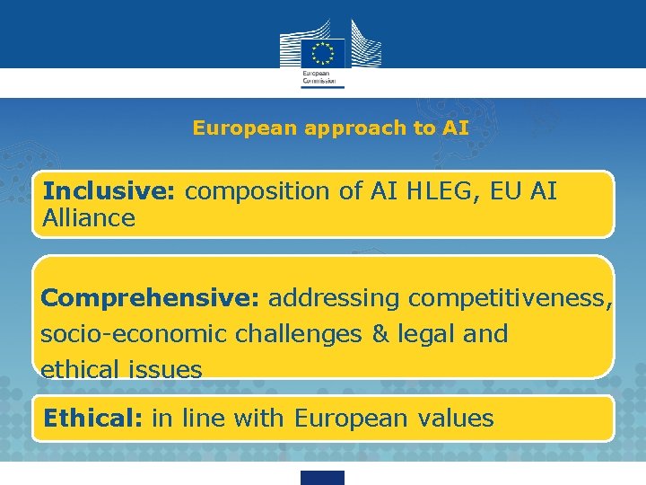 European approach to AI Inclusive: composition of AI HLEG, EU AI Alliance Comprehensive: addressing