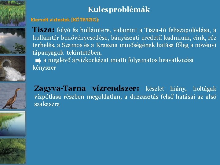 Kulcsproblémák Kiemelt víztestek (KÖTIVIZIG): Tisza: folyó és hullámtere, valamint a Tisza-tó feliszapolódása, a hullámtér