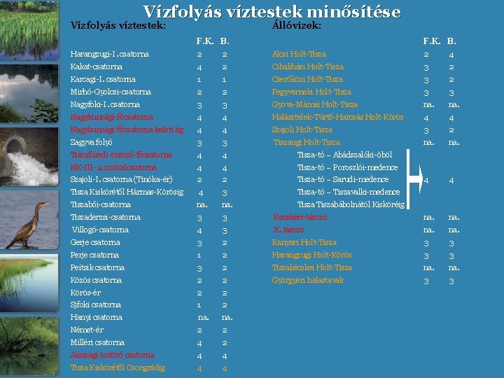 Vízfolyás víztestek minősítése Vízfolyás víztestek: Állóvizek: F. K. B. Harangzugi-I. csatorna 2 2 Alcsi