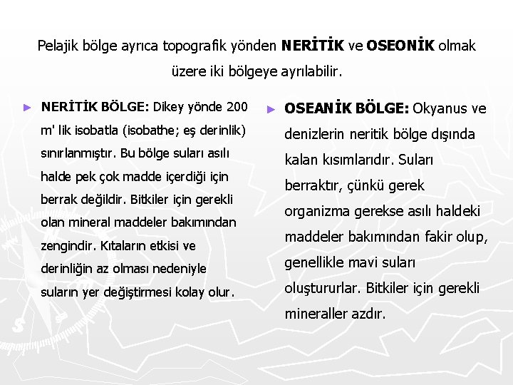 Pelajik bölge ayrıca topografik yönden NERİTİK ve OSEONİK olmak üzere iki bölgeye ayrılabilir. ►