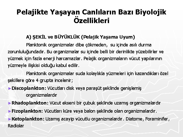 Pelajikte Yaşayan Canlıların Bazı Biyolojik Özellikleri A) ŞEKİL ve BÜYÜKLÜK (Pelajik Yaşama Uyum) Planktonik