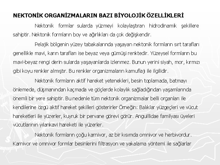 NEKTONİK ORGANİZMALARIN BAZI BİYOLOJİK ÖZELLİKLERİ Nektonik formlar sularda yüzmeyi kolaylaştıran hidrodinamik şekillere sahiptir. Nektonik