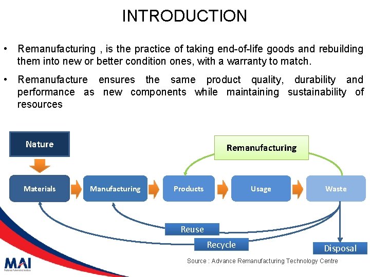 INTRODUCTION • Remanufacturing , is the practice of taking end-of-life goods and rebuilding them