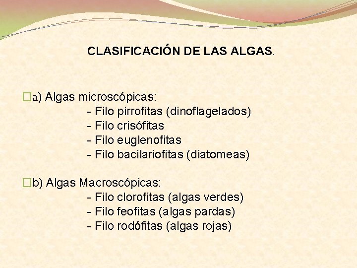 CLASIFICACIÓN DE LAS ALGAS. �a) Algas microscópicas: - Filo pirrofitas (dinoflagelados) - Filo crisófitas