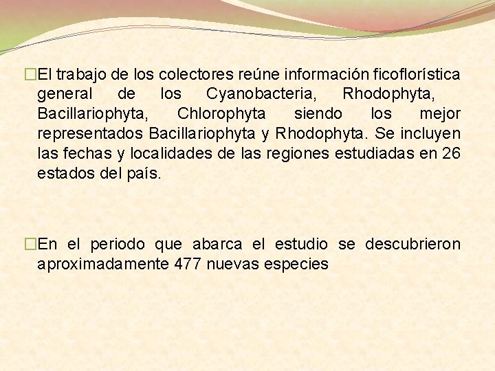 �El trabajo de los colectores reúne información ficoflorística general de los Cyanobacteria, Rhodophyta, Bacillariophyta,