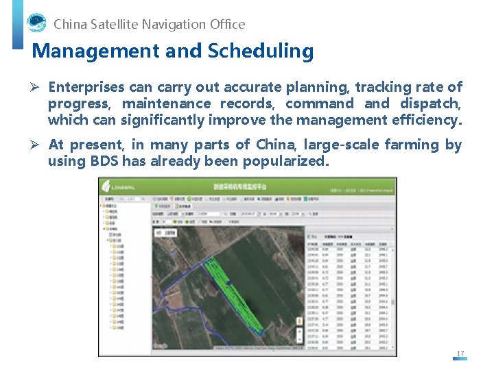 China Satellite Navigation Office Management and Scheduling Ø Enterprises can carry out accurate planning,