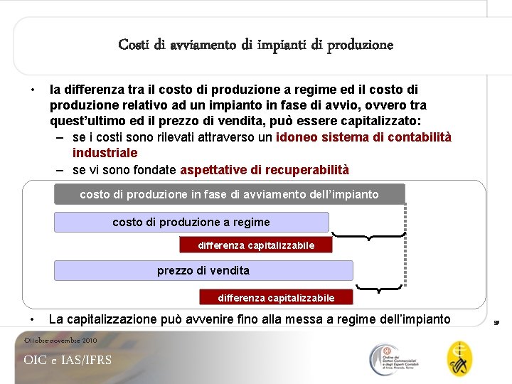 Costi di avviamento di impianti di produzione • la differenza tra il costo di