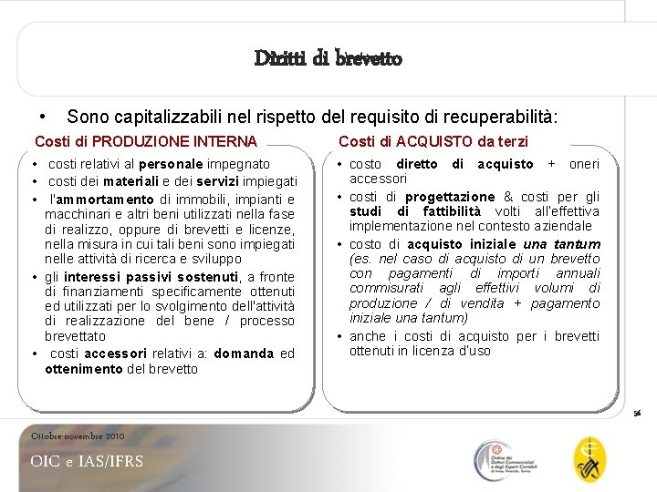 Diritti di brevetto • Sono capitalizzabili nel rispetto del requisito di recuperabilità: Costi di