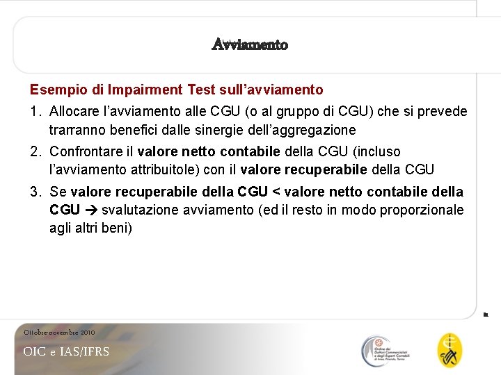 Avviamento Esempio di Impairment Test sull’avviamento 1. Allocare l’avviamento alle CGU (o al gruppo