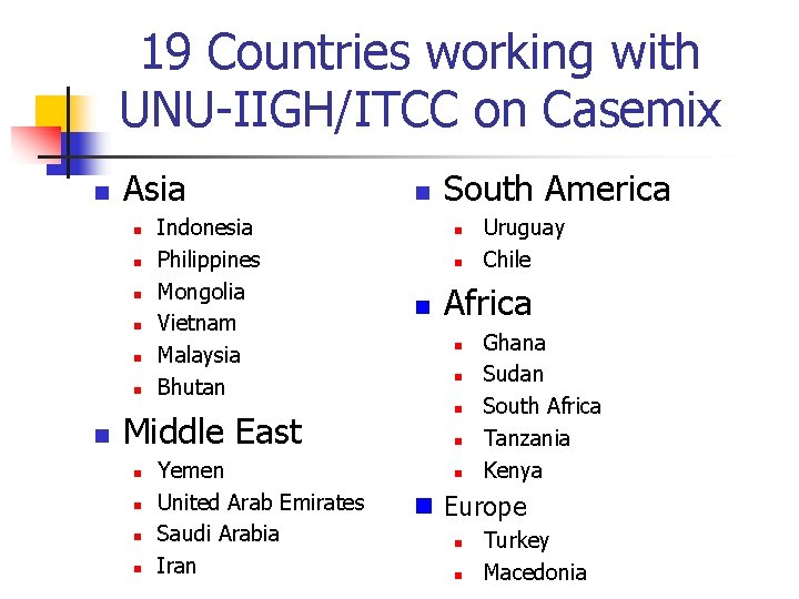 19 Countries working with UNU-IIGH/ITCC on Casemix n Asia n n n n Indonesia