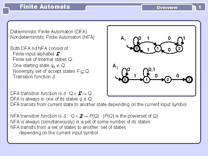 Finite Automata Deterministic Finite Automaton (DFA) Nondeterministic Finite Automaton (NFA) Both DFA nd NFA