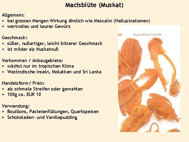 Macisblüte (Muskat) Allgemein: • bei grossen Mengen Wirkung ähnlich wie Mescalin (Halluzinationen) • wertvolles