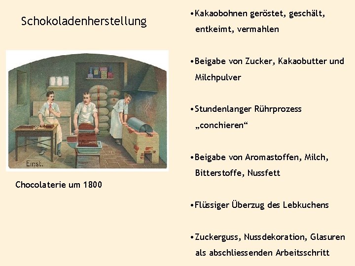 Schokoladenherstellung • Kakaobohnen geröstet, geschält, entkeimt, vermahlen • Beigabe von Zucker, Kakaobutter und Milchpulver