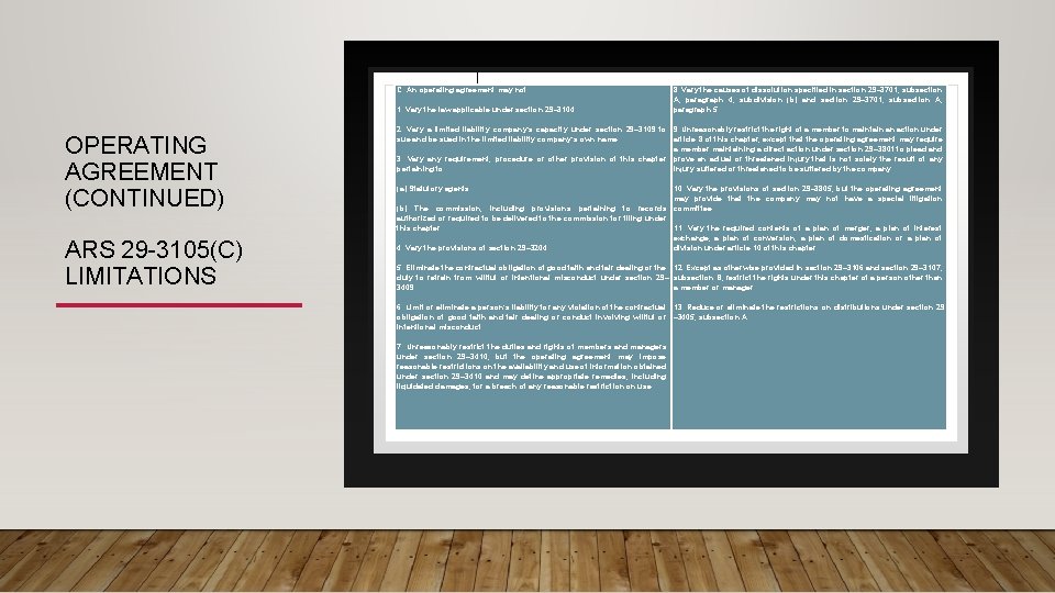 OPERATING AGREEMENT (CONTINUED) ARS 29 -3105(C) LIMITATIONS C. An operating agreement may not: 1.